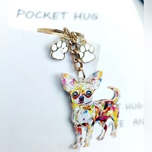 Geometric Chihuahua Dog Keychain with Paw Charms New. 2D
